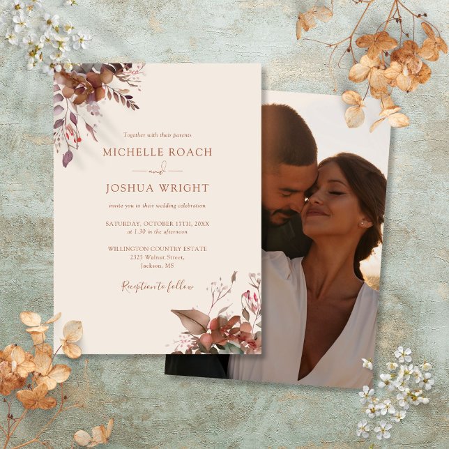 Blommigt för raka höstfällor, foto Bröllop Inbjudningar (Rustic Autumn Fall Floral Photo Wedding Invitation)