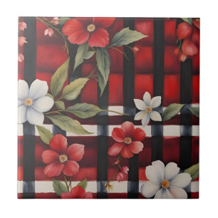 Blommigt för Red White och Black Farmhouse Kakelplatta