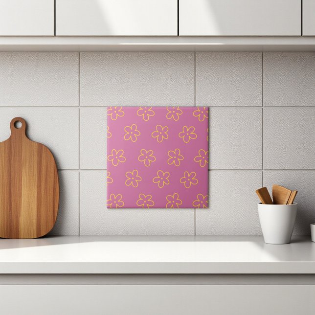 Blommigt för Retro Lila Gult enkel Flower Mönster Kakelplatta (Retro Purple Yellow Floral Simple Flower Pattern Ceramic Tile)