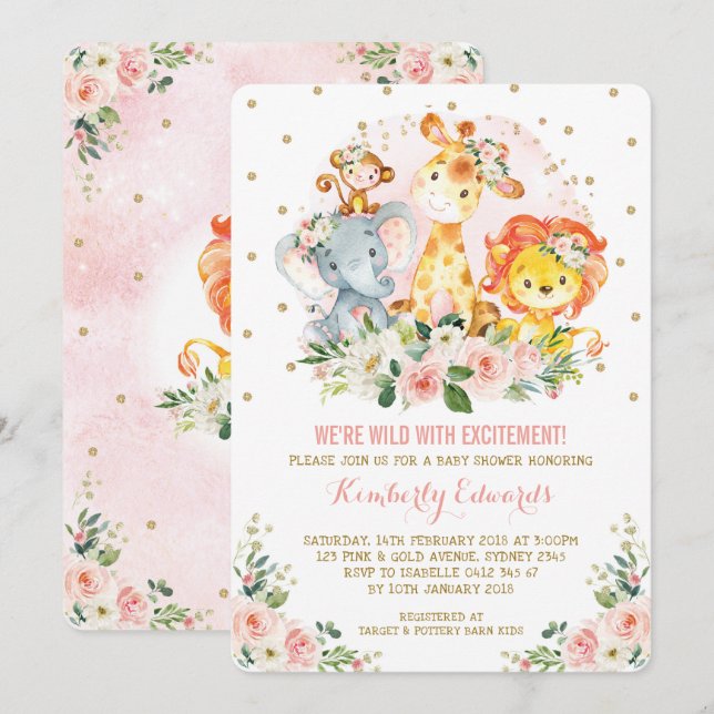 Blommigt för rodnad för flickadjungelbaby shower inbjudningar (Fram/baksida)