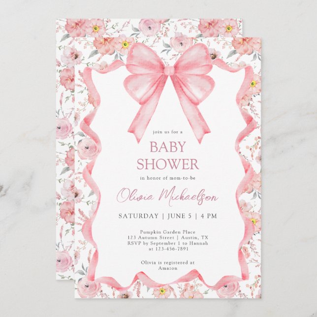 Blommigt för Rosa av  av  Ribbon Bow Baby Shower Inbjudningar (Fram/baksida)