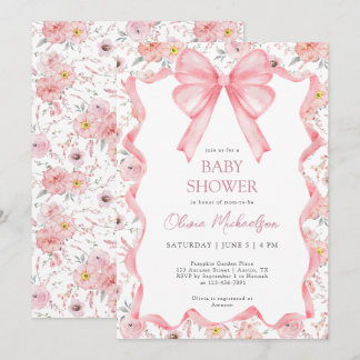 Blommigt för Rosa av av Ribbon Bow Baby Shower Inbjudningar