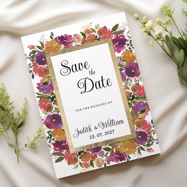 Blommigt för rosa av botanisk lila orange  Spara d Inbjudningar (Botanic purple orange pink floral Save the Date)