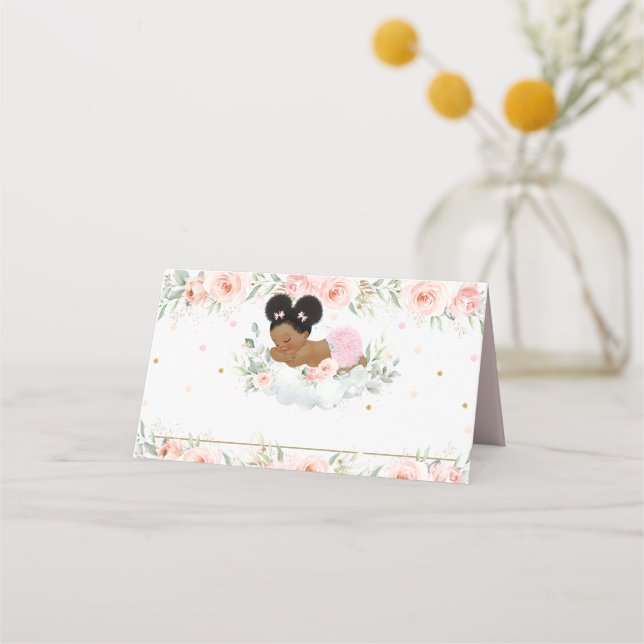 Blommigt för Rosa av Cute African Afro Puff Shower Placeringskort (Framsida)