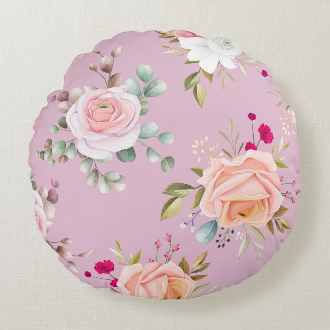 blommigt för rosa av elegant chic rund kudde (Framsidan)