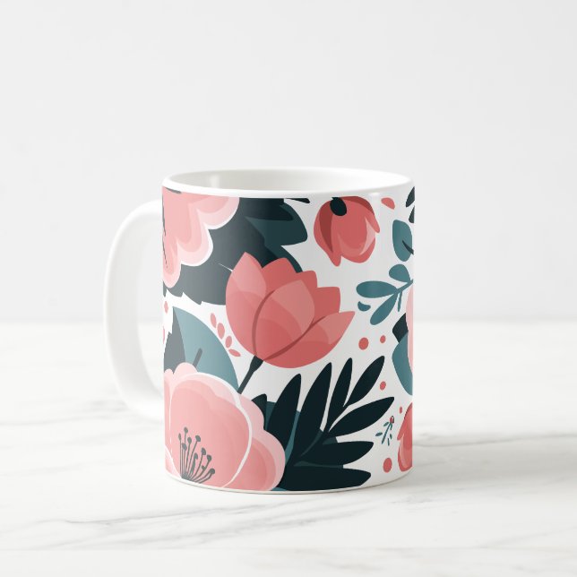 Blommigt för Rosa av elegant och löv för djupa Grö Kaffemugg (Framsida vänster)