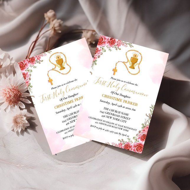 Blommigt för Rosa av gemensam vattenfärg i första  Inbjudningar (Skapare uppladdad)