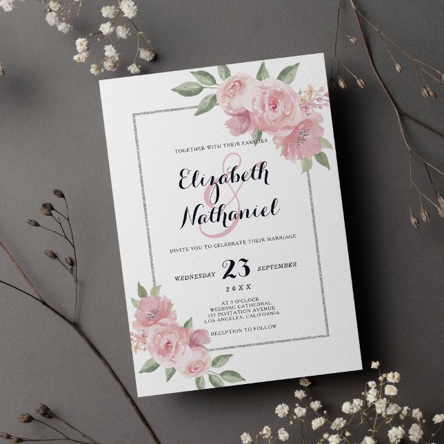 Blommigt för rosa av grönt i botaniska korallrev,  inbjudningar (Botanic coral pink green floral ampersand wedding)