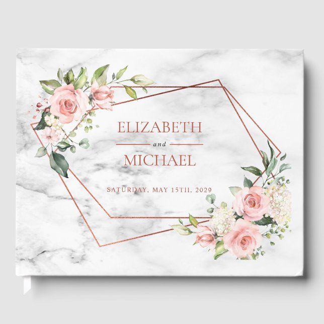 Blommigt för Rosa av koppargeometrisk marmor Gästböcker (Framsida)