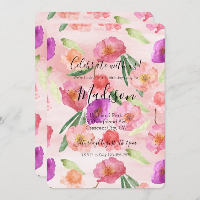 Blommigt för Rosa av Lila med grovlek Inbjudningar (Fram/baksida)