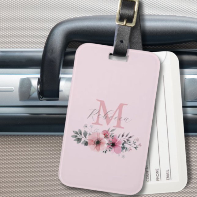  blommigt för rosa av vattenfärg i botanisk chic bagagebricka (Botanical chic blush pink watercolor floral luggage tag)