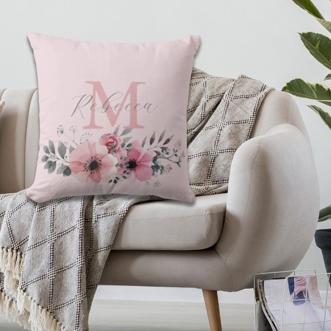  blommigt för rosa av vattenfärg i botanisk chic kudde (Botanical chic blush pink watercolor floral throw pillow)