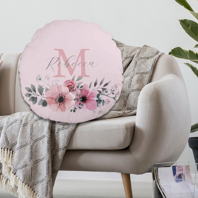  blommigt för rosa av vattenfärg i botanisk chic rund kudde (Botanical chic blush pink watercolor floral round pillow)