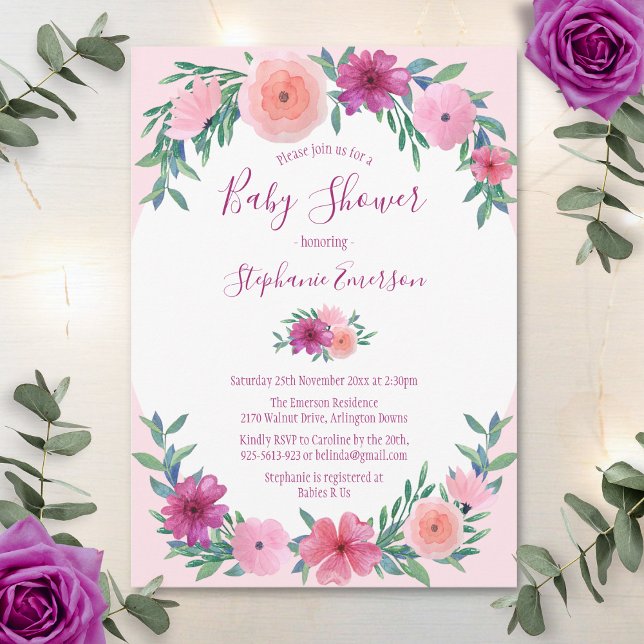 Blommigt för Rosa av vattenfärgen Baby Shower Inbjudningar (Skapare uppladdad)