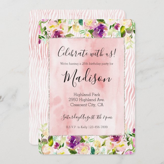 Blommigt för Rosa av vattenfärgen Girly Burgundy - Inbjudningar (Fram/baksida)