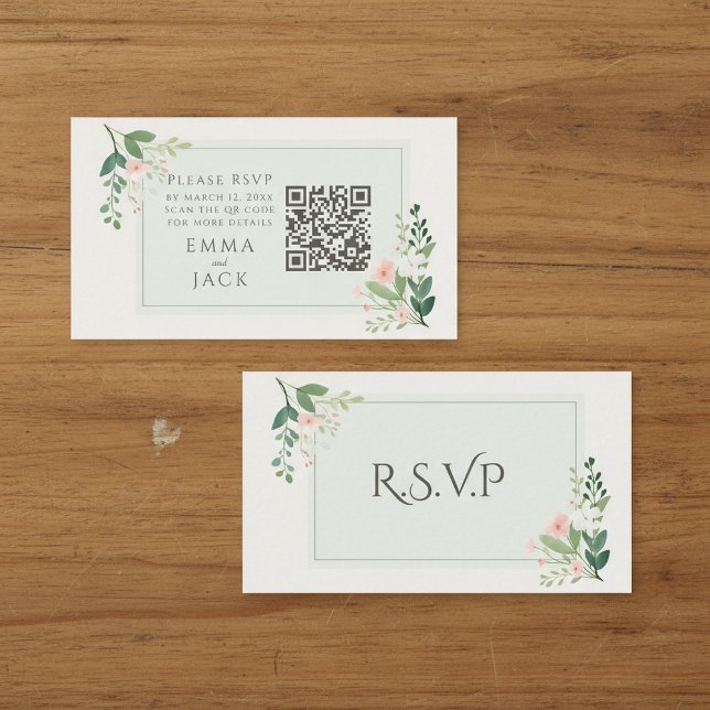Blommigt för rosa grönt Bröllop OSA QR-kod Tilläggskort (Pink green Floral Wedding RSVP QR Code Enclosure Card.)