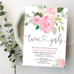 Blommigt för rosa-grönt för flickor med tvillingf inbjudningar