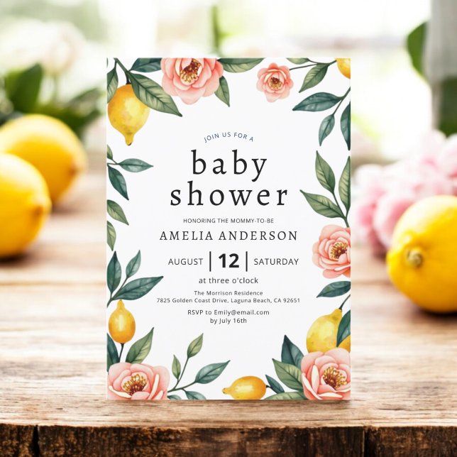 Blommigt för  Rosa Gult Lemon Citrus Baby Shower Inbjudningar (Skapare uppladdad)
