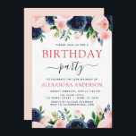 Blommigt för  Rosa i födelsedagsfest Navy Blue Inbjudningar<br><div class="desc">Blå och  Rosa Blommigt Flowers och Födelsedagsfest inbjudan med grönt vattenfärg innehåller vackra och elegant manustypografi med moderna botaniska  rosa blommor och marinblått för speciella 16:e,  18:e,  21:e,  30:e,  40:e,  50:e,  60:e,  70:e födelsedagstidningen.</div>