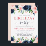 Blommigt för  Rosa i födelsedagsfest Navy Blue Inbjudningar<br><div class="desc">Blå och  Rosa Blommigt Flowers och Födelsedagsfest inbjudan med grönt vattenfärg innehåller vackra och elegant manustypografi med moderna botaniska  rosa blommor och marinblått för speciella 16:e,  18:e,  21:e,  30:e,  40:e,  50:e,  60:e,  70:e födelsedagstidningen.</div>