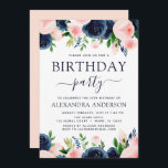 Blommigt för  Rosa i födelsedagsfest Navy Blue Inbjudningar<br><div class="desc">Blå och  Rosa Blommigt Flowers och Födelsedagsfest inbjudan med grönt vattenfärg innehåller vackra och elegant manustypografi med moderna botaniska  rosa blommor och marinblått för speciella 16:e,  18:e,  21:e,  30:e,  40:e,  50:e,  60:e,  70:e födelsedagstidningen.</div>