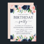 Blommigt för  Rosa i födelsedagsfest Navy Blue Inbjudningar<br><div class="desc">Blå och  Rosa Blommigt Flowers och Födelsedagsfest inbjudan med grönt vattenfärg innehåller vackra och elegant manustypografi med moderna botaniska  rosa blommor och marinblått för speciella 16:e,  18:e,  21:e,  30:e,  40:e,  50:e,  60:e,  70:e födelsedagstidningen.</div>