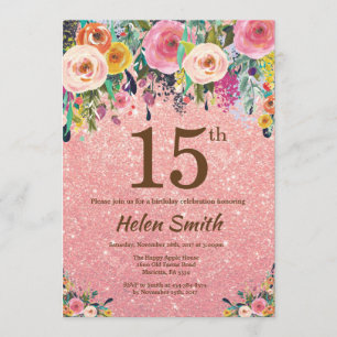 Blommigt för Rosa i Ro Glitter 15:e födelsedagen Inbjudningar