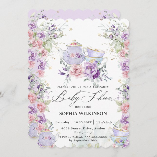 Blommigt för  Rosa Lila Baby Shower Tea Party Inbjudningar (Fram/baksida)