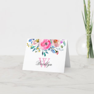 Blommigt för Rosa Lila Botanisk monogrammad Tack Kort