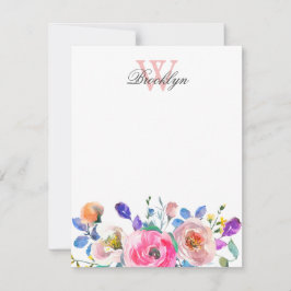 Blommigt för  Rosa Lila Teal Löv Monogrammed Anteckningskort