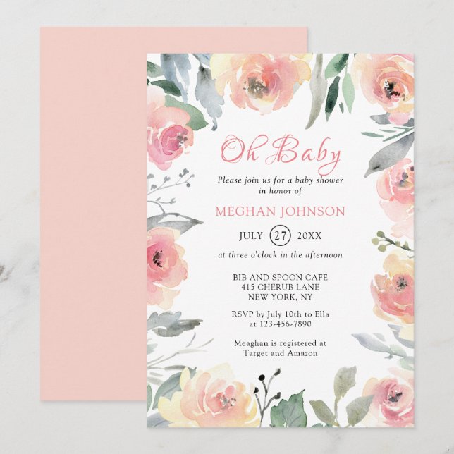 Blommigt för  Rosa med vattenfärg Oh Baby Shower Inbjudningar (Fram/baksida)