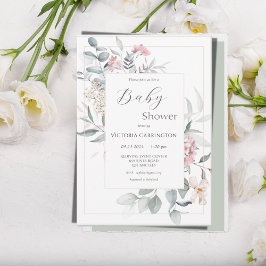 Blommigt för rosa och Grönt - modern babystövel Inbjudningar
