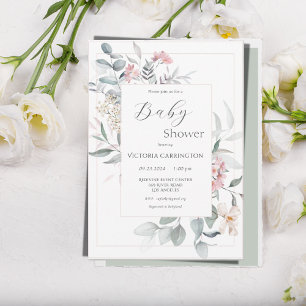 Blommigt för rosa och Grönt - modern babystövel Inbjudningar