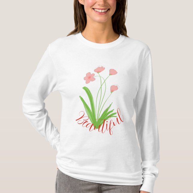 Blommigt för rosa och Grönt T Shirt (Framsida)