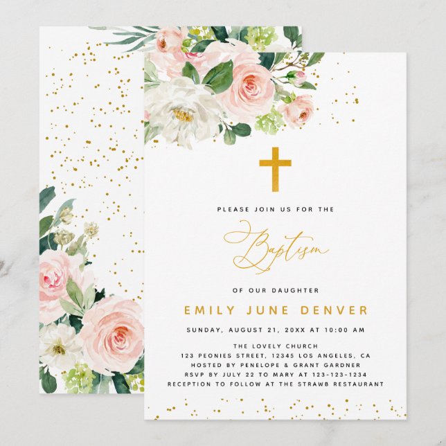 Blommigt för rosa och Guld Inbjudningar (Fram/baksida)