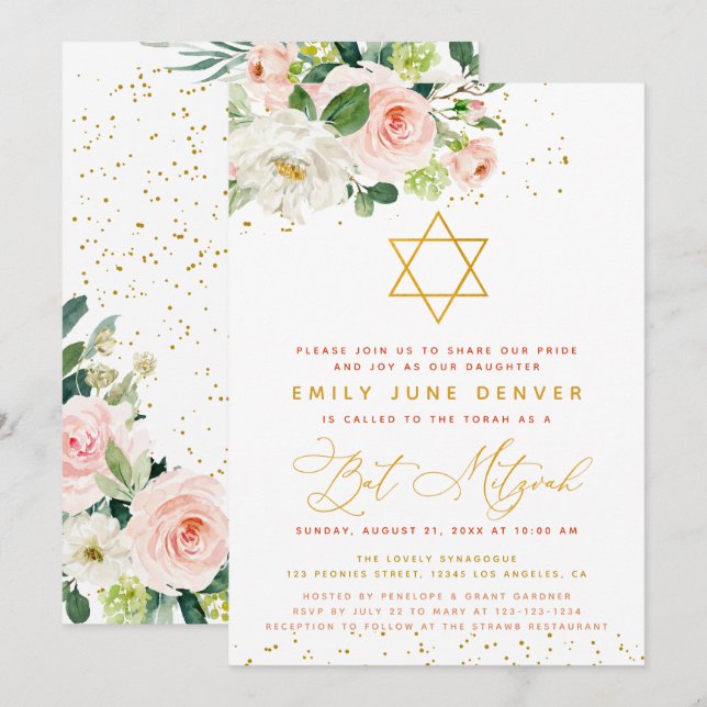 Blommigt för rosa och Guld vattenfärg Bat mitzvah Inbjudningar (Fram/baksida)