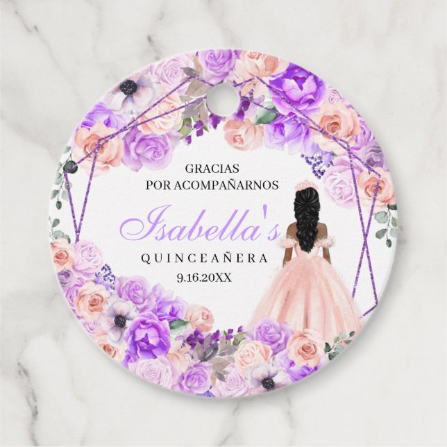 Blommigt för rosa och Lila Quinceanera Circle Favo Gåvor Etiketter (Framsida)