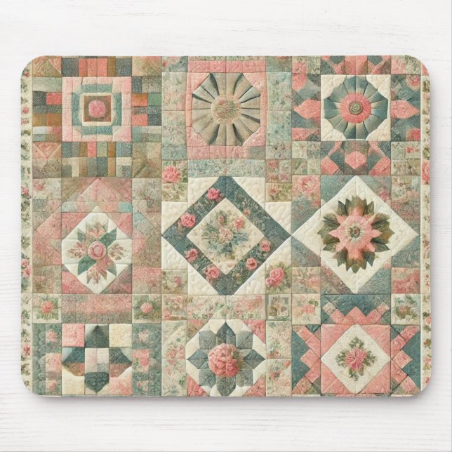 Blommigt för  Rosa Patchwork-grönt Quiled Design Musmatta (Framsidan)