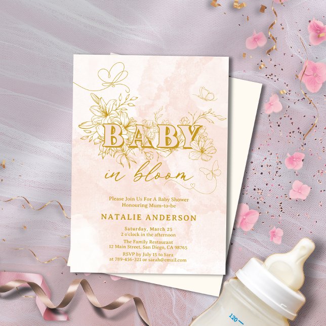 Blommigt för  Rosa Skript Butterflies Baby i Bloom Inbjudningar (Blush Pink Script Floral Butterflies Baby In Bloom Invitation)