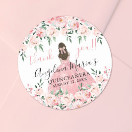 Blommigt för  Rosa Tack Quinceanera Runt Klistermärke
