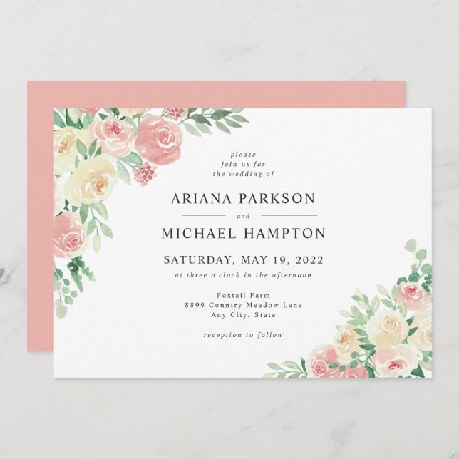 Blommigt för  Rosa vattenfärgsfärg Inbjudningar (Fram/baksida)