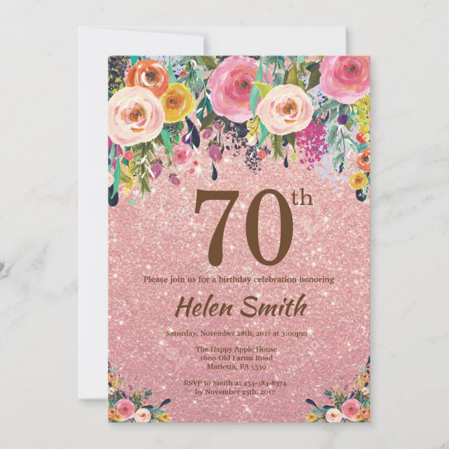 Blommigt för Rosa vid ro Glitter 70:e födelsedag Inbjudningar (Framsida)