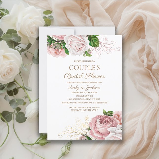 Blommigt för  Rosa Vintage  Peles Möhippa Inbjudningar (Pink vintage floral couple's bridal shower invitation)