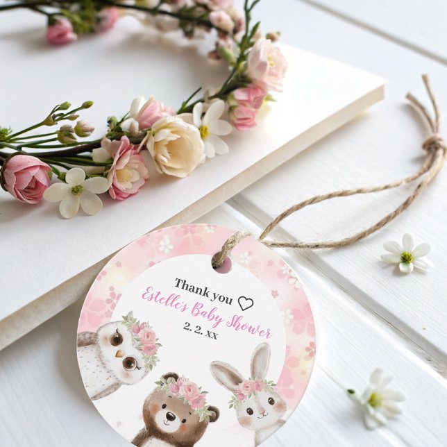 blommigt för  Rosa Woodland Animals Babyskor Gåvor Etiketter (Skapare uppladdad)