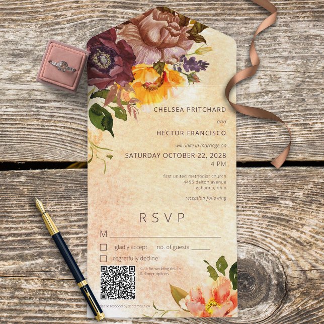 Blommigt för Rustic Fall Burgundy-Gult, Gult QR-ko (Skapare uppladdad)
