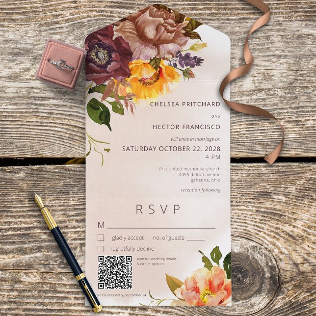 Blommigt för Rustic Fall Burgundy & Gult Tan QR-ko (Skapare uppladdad)
