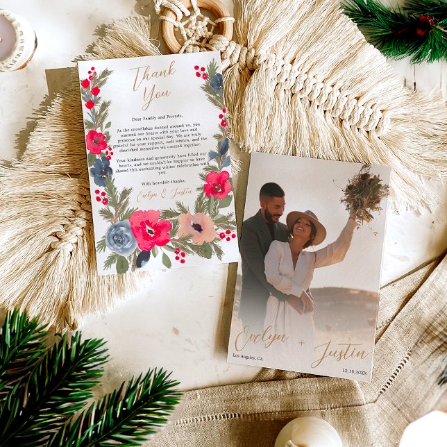 Blommigt för Rustik Elegant Winter-, chic Bröllop Tack Kort (Rustic Elegant Winter Floral photo chic Wedding Thank You Card)