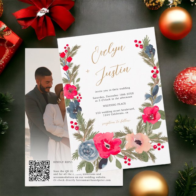 Blommigt för Rustik Elegant Winter- Qr-kod Bröllop Inbjudningar (Rustic Elegant Winter Floral photo Qr code Wedding Invitation)