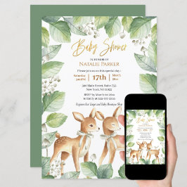 Blommigt för skogsträtt Hjort Greenery Baby Shower Inbjudningar