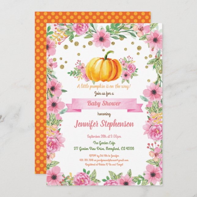 blommigt för små pumpa i flicka dusch inbjudningar (Fram/baksida)